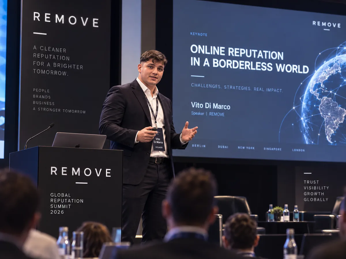 Illustrative REMOVE-branded conference scene with a speaker and presentation screen